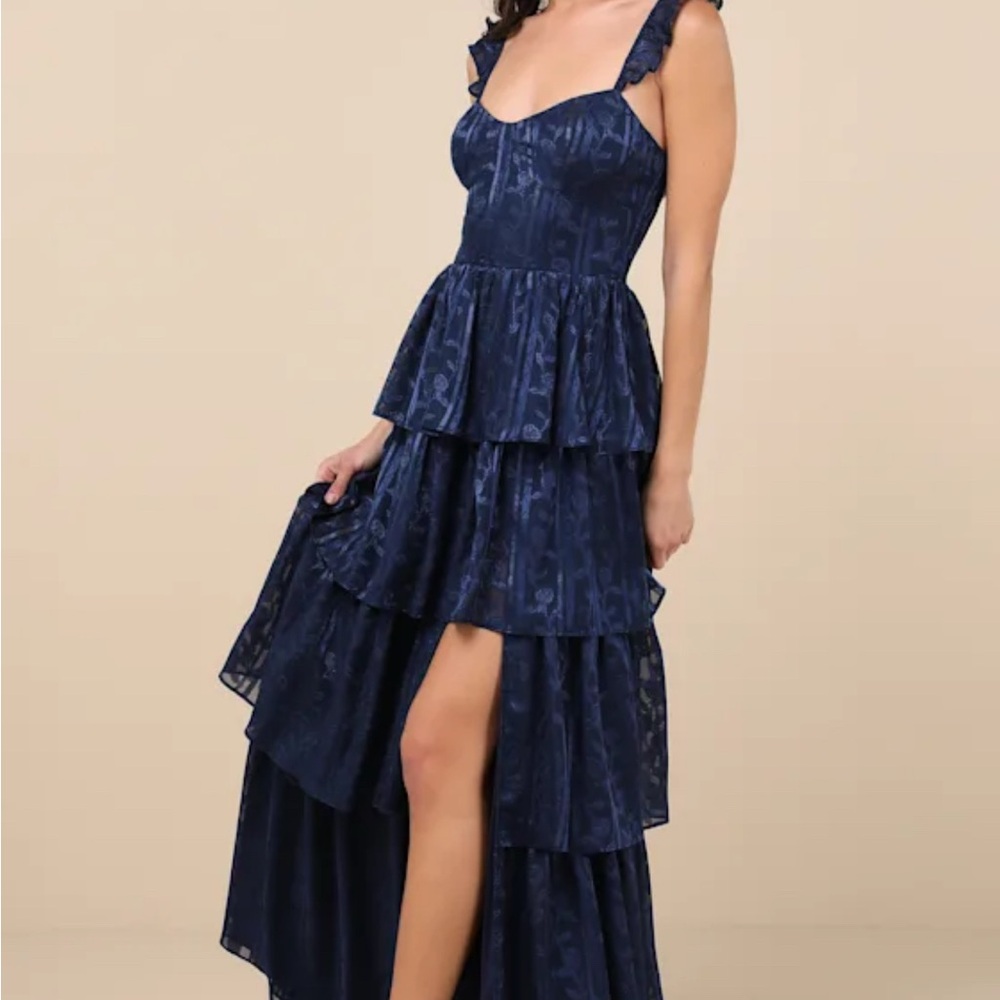 Lulus Stunning Glory Navy Blue Floral Jacquard Tiered Maxi Dress - Size S - Picture 2 of 5